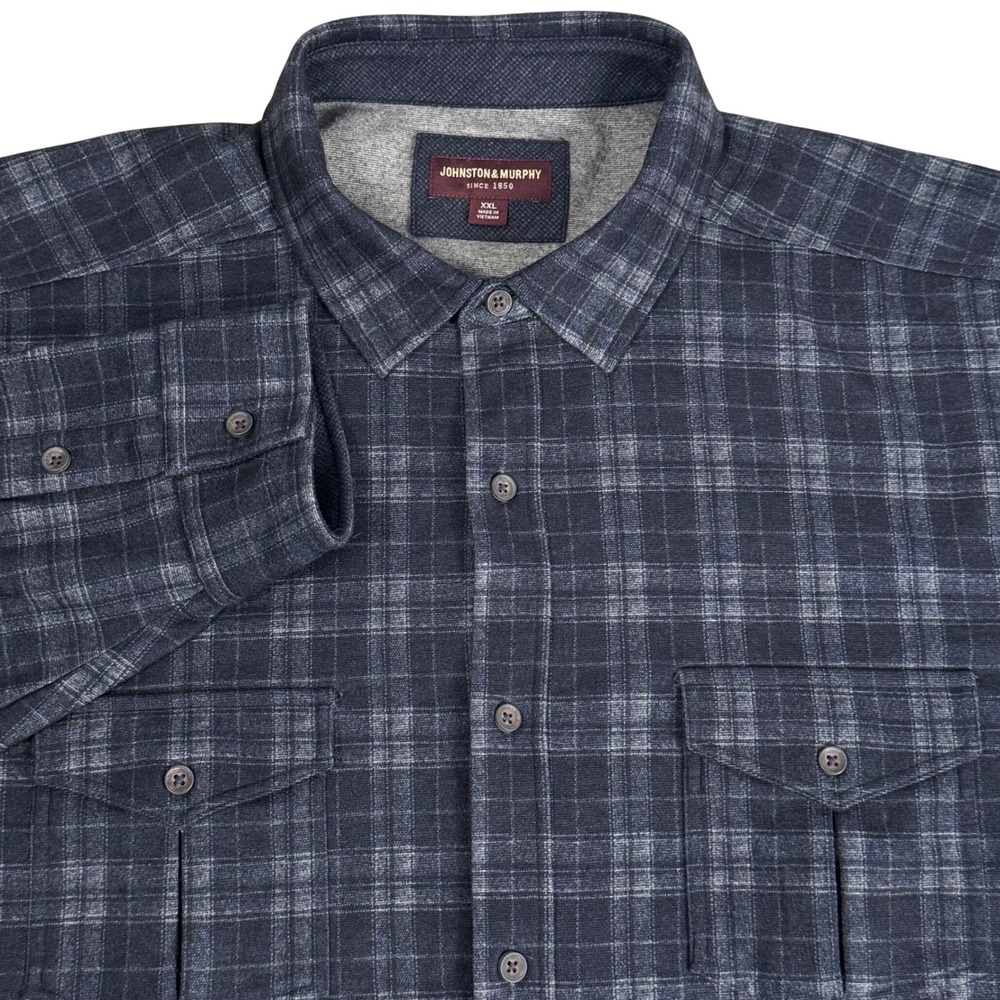 Johnston & Murphy Mens XXL Brushed Button‎ Front Knit Shirt Blue Grey Glen Plaid